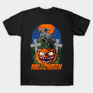 crow and halloween pumpkin head illustration T-Shirt